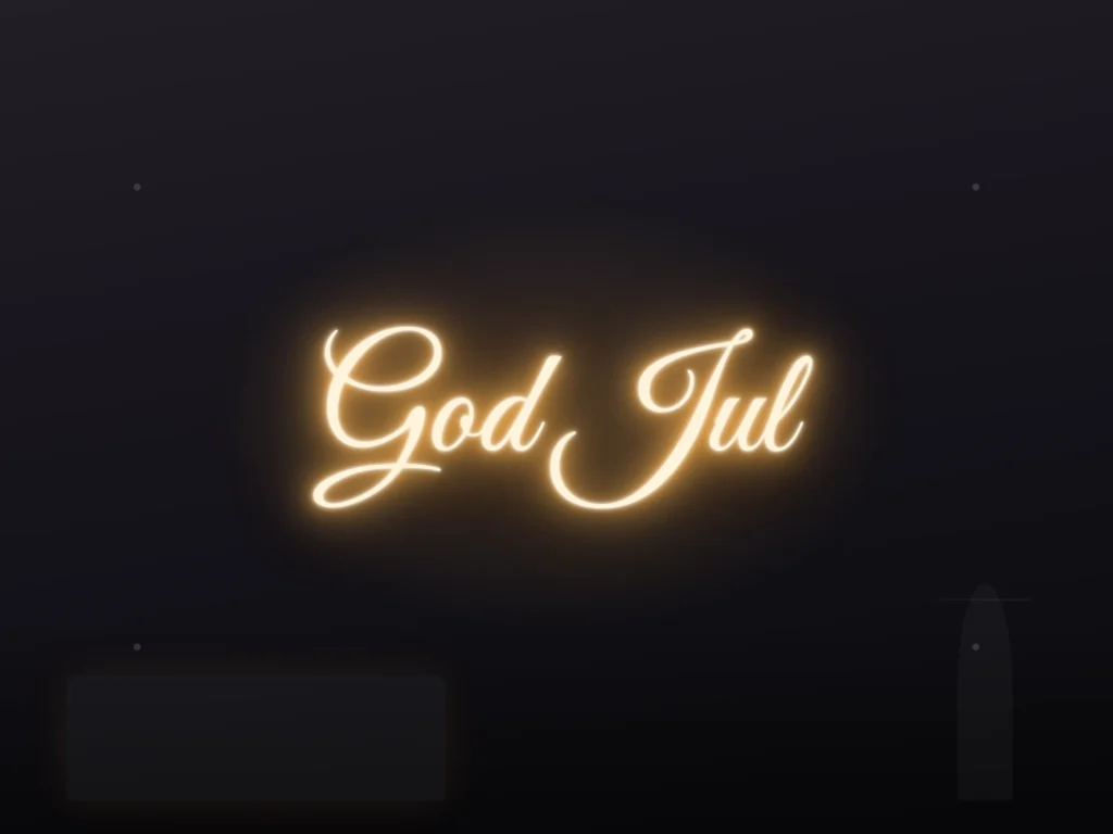 Neonskylt «God Jul» — tänd i ett vardagsrum