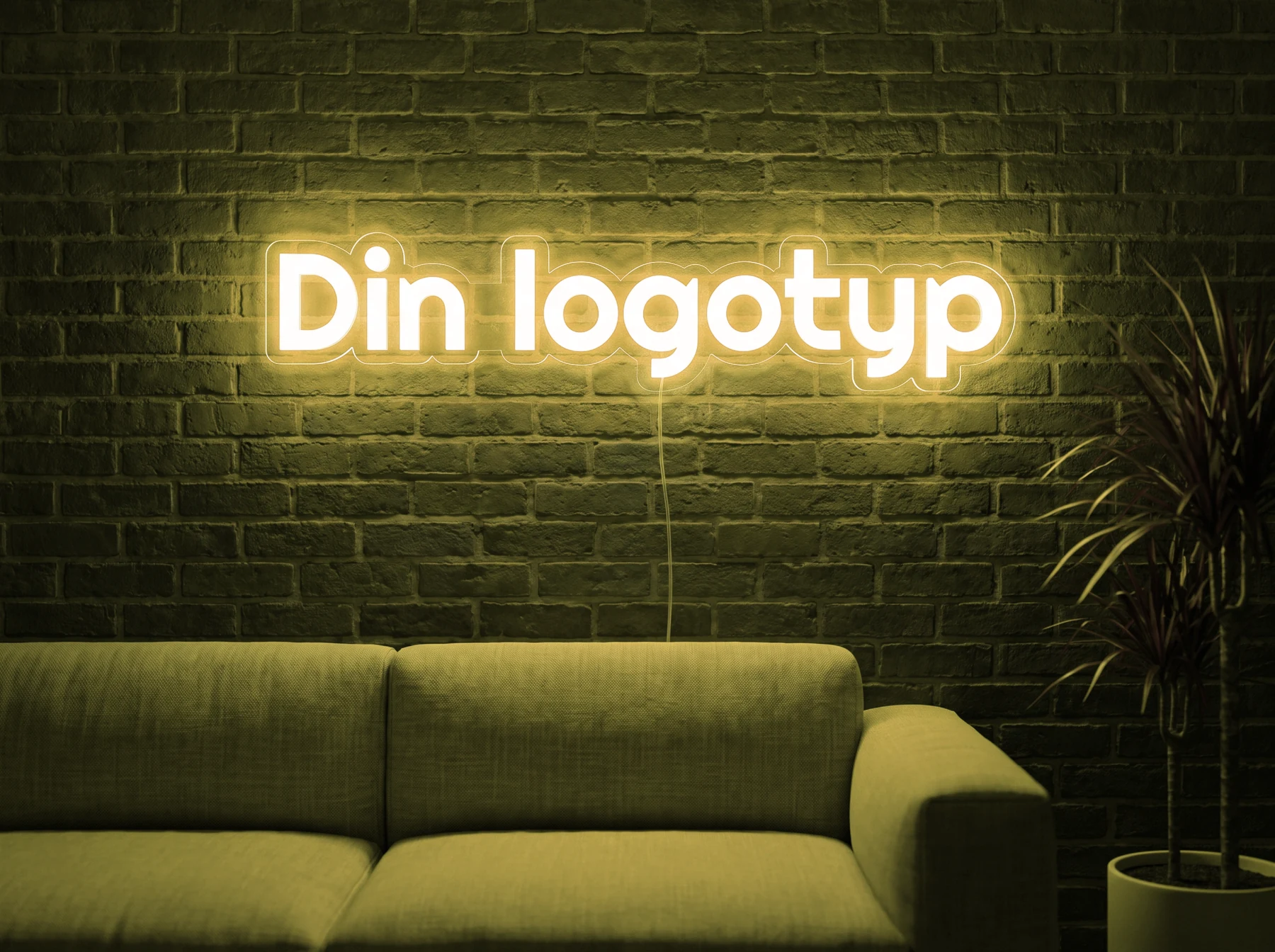 Neonskylt «Din logotyp» i gul LED-neon, monterad på vägg
