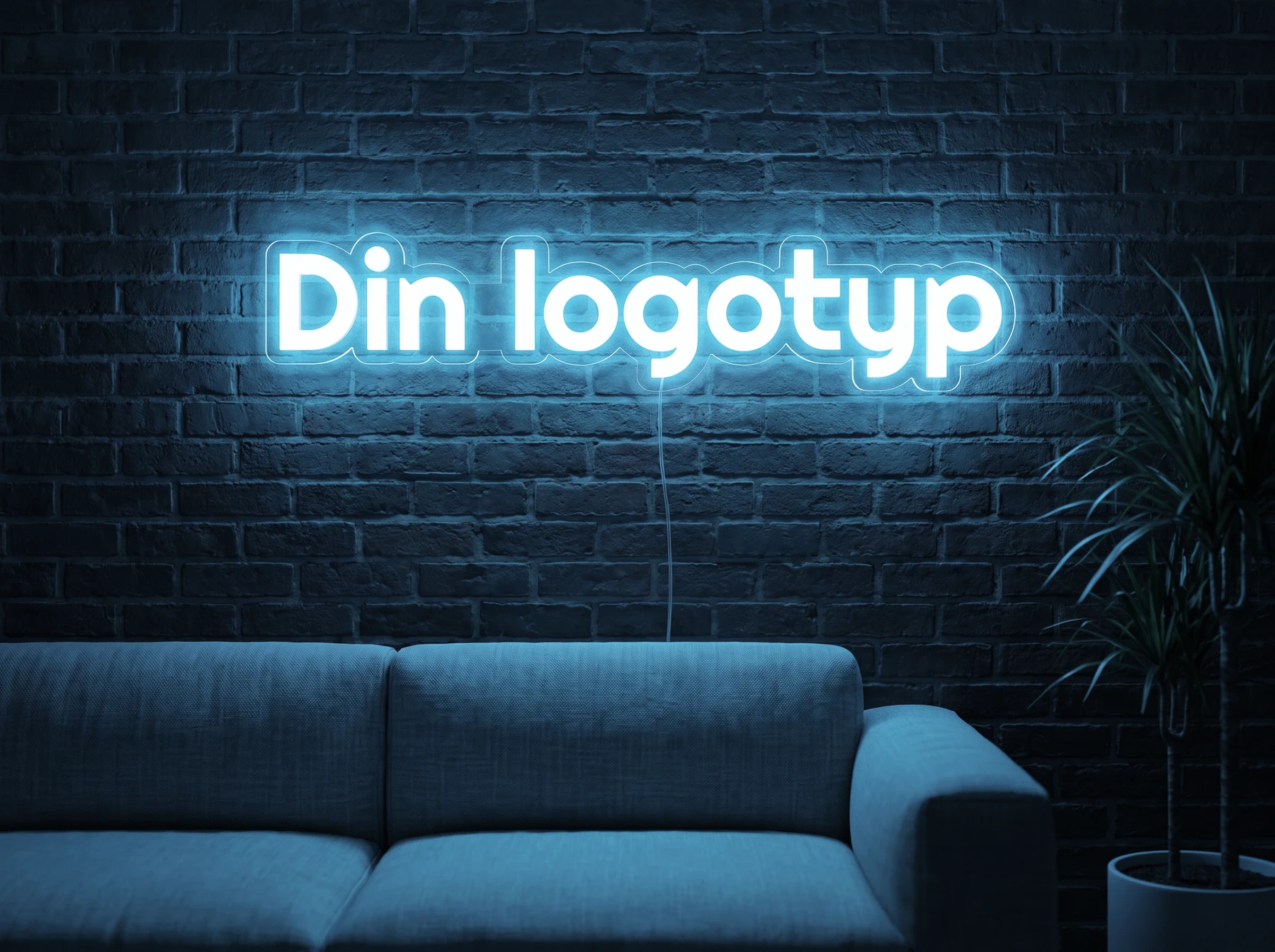 Neonskylt «Din logotyp» i isblå LED-neon, monterad på vägg