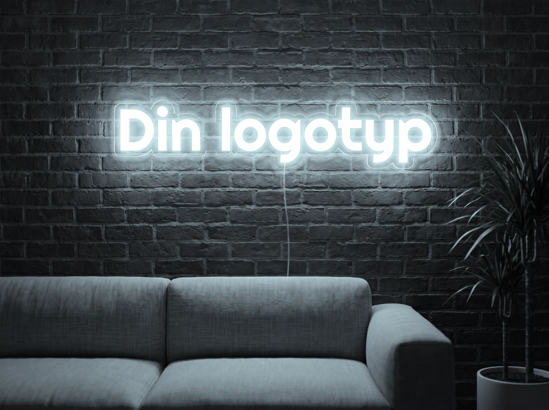 Neonskylt «Din logotyp» i iskall vit LED-neon, monterad på vägg