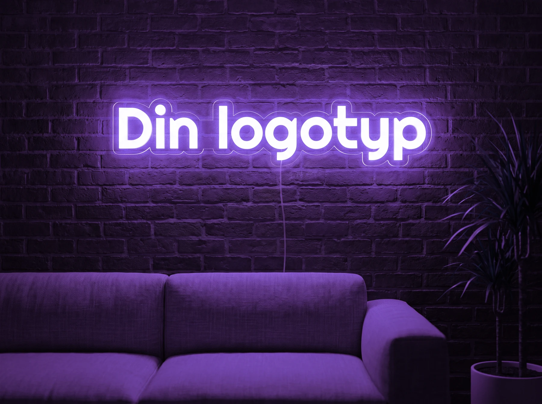 Neonskylt «Din logotyp» i lila LED-neon, monterad på vägg