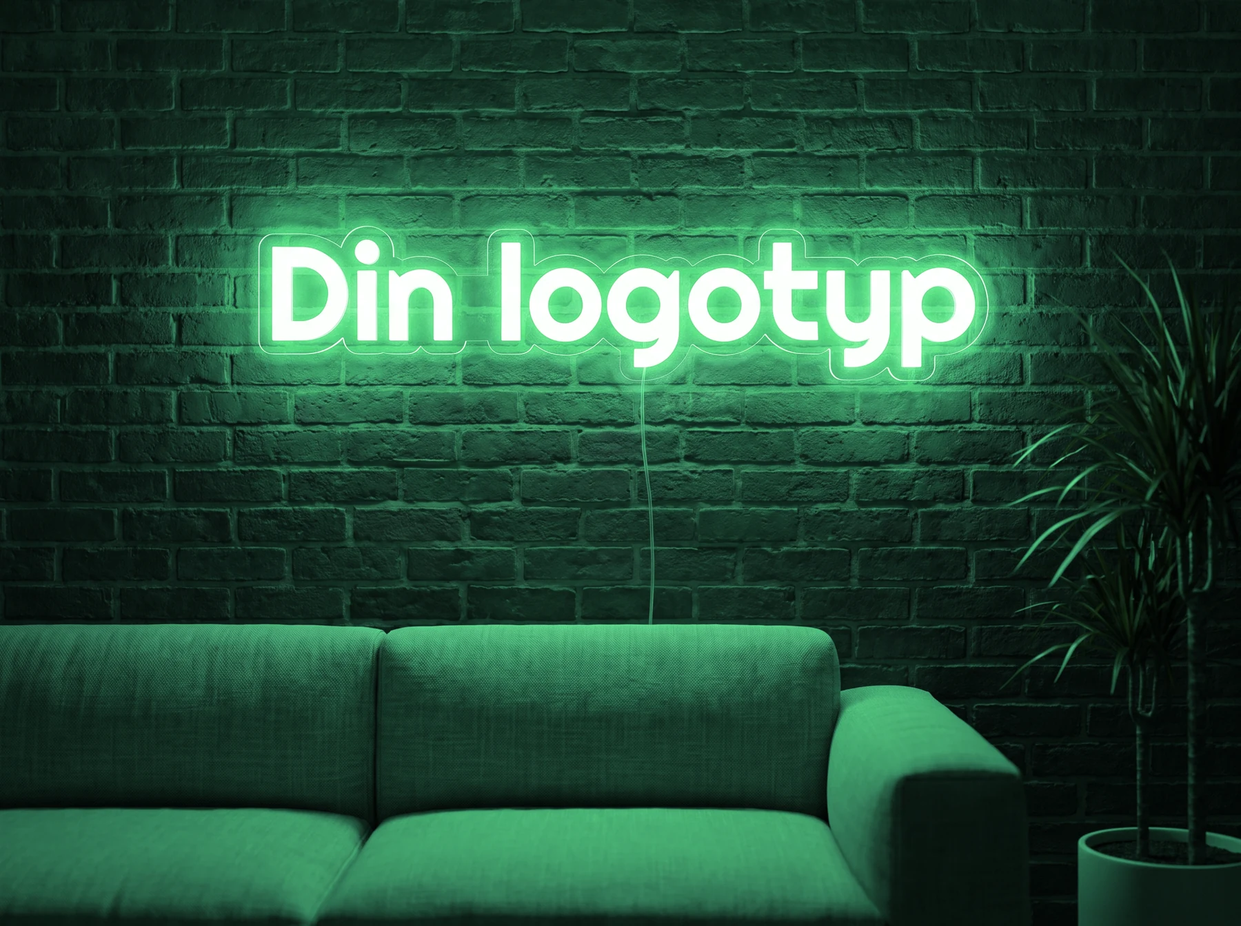 Neonskylt «Din logotyp» i mintgrön LED-neon, monterad på vägg