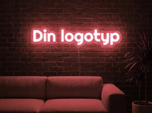 Neonskylt «Din logotyp» i röd LED-neon, monterad på vägg