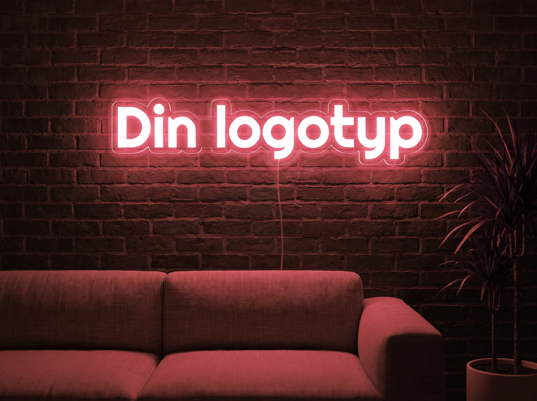 Neonskylt «Din logotyp» i röd LED-neon, monterad på vägg