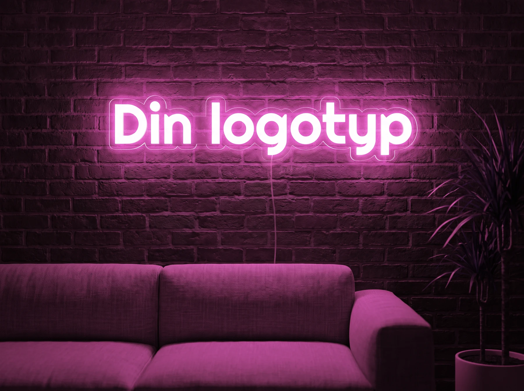 Neonskylt «Din logotyp» i rosa LED-neon, monterad på vägg