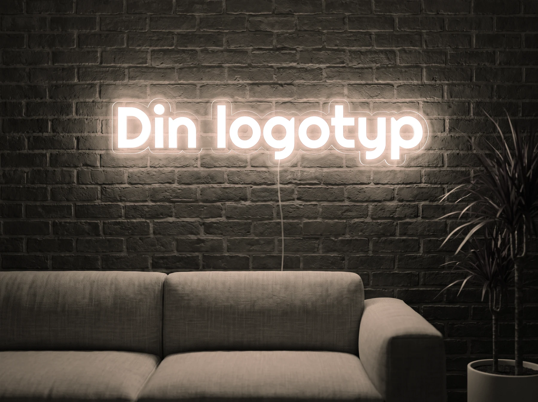 Neonskylt «Din logotyp» i varmvit LED-neon, monterad på vägg