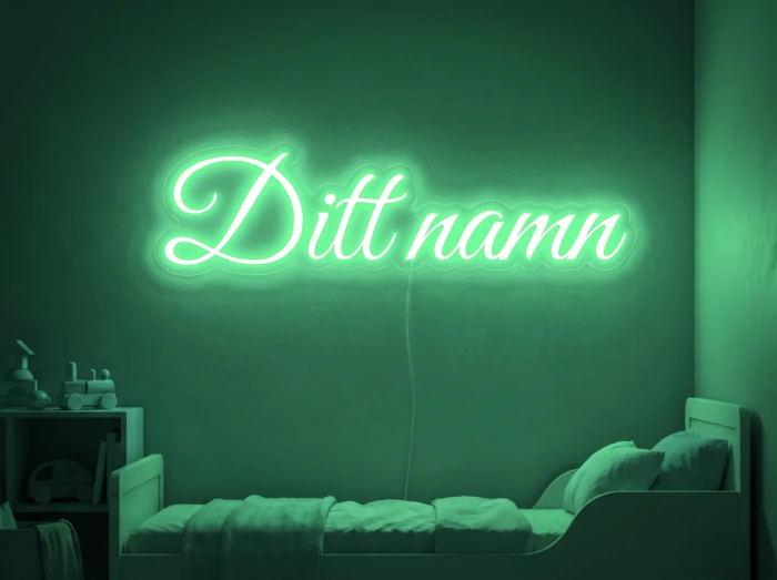 Neonskylt «Ditt namn» i mintgrön LED-neon, monterad på vägg