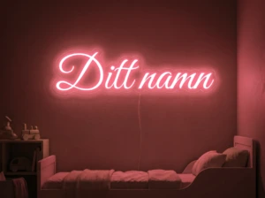 Neonskylt «Ditt namn» i röd LED-neon, monterad på vägg
