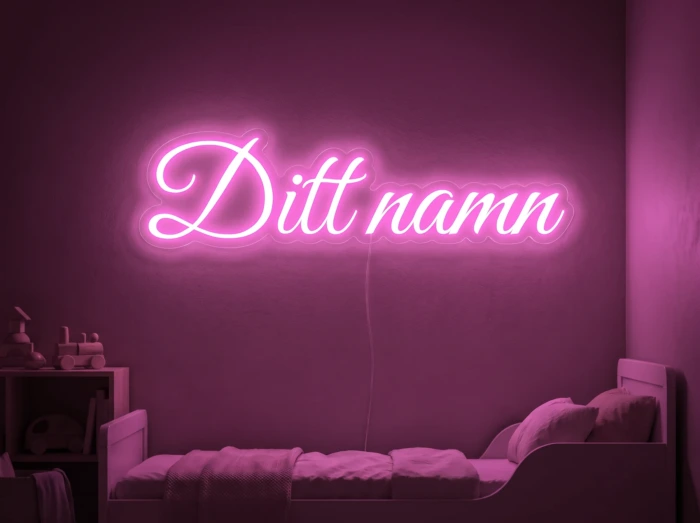 Neonskylt «Ditt namn» i rosa LED-neon, monterad på vägg
