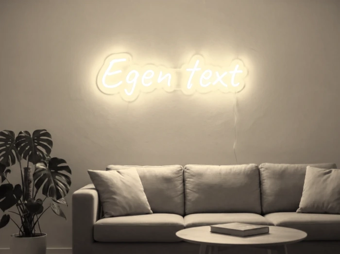 Neonskylt «Egen text» i varmvit LED-neon, monterad på vägg