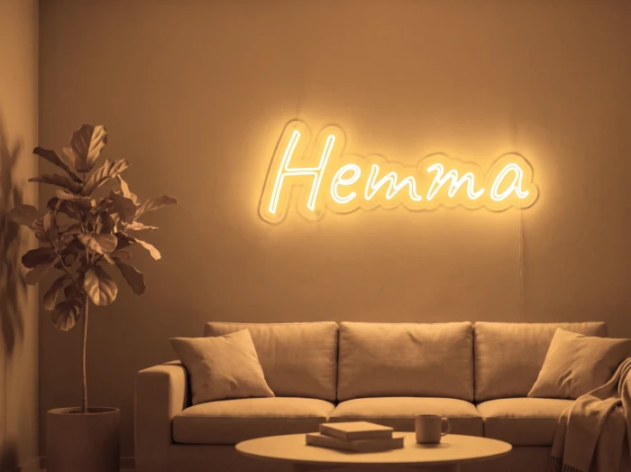 Neonskylt «Hemma» i orange LED-neon, monterad på vägg
