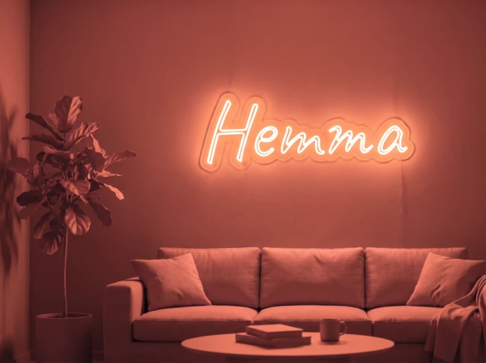 Neonskylt «Hemma» i röd LED-neon, monterad på vägg