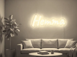 Neonskylt «Hemma» i varmvit LED-neon, monterad på vägg