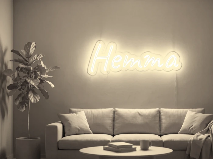 Neonskylt «Hemma» i varmvit LED-neon, monterad på vägg