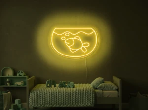 Neonskylt «Akvarium» i gul LED-neon, monterad på vägg