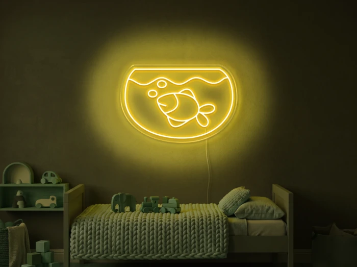 Neonskylt «Akvarium» i gul LED-neon, monterad på vägg
