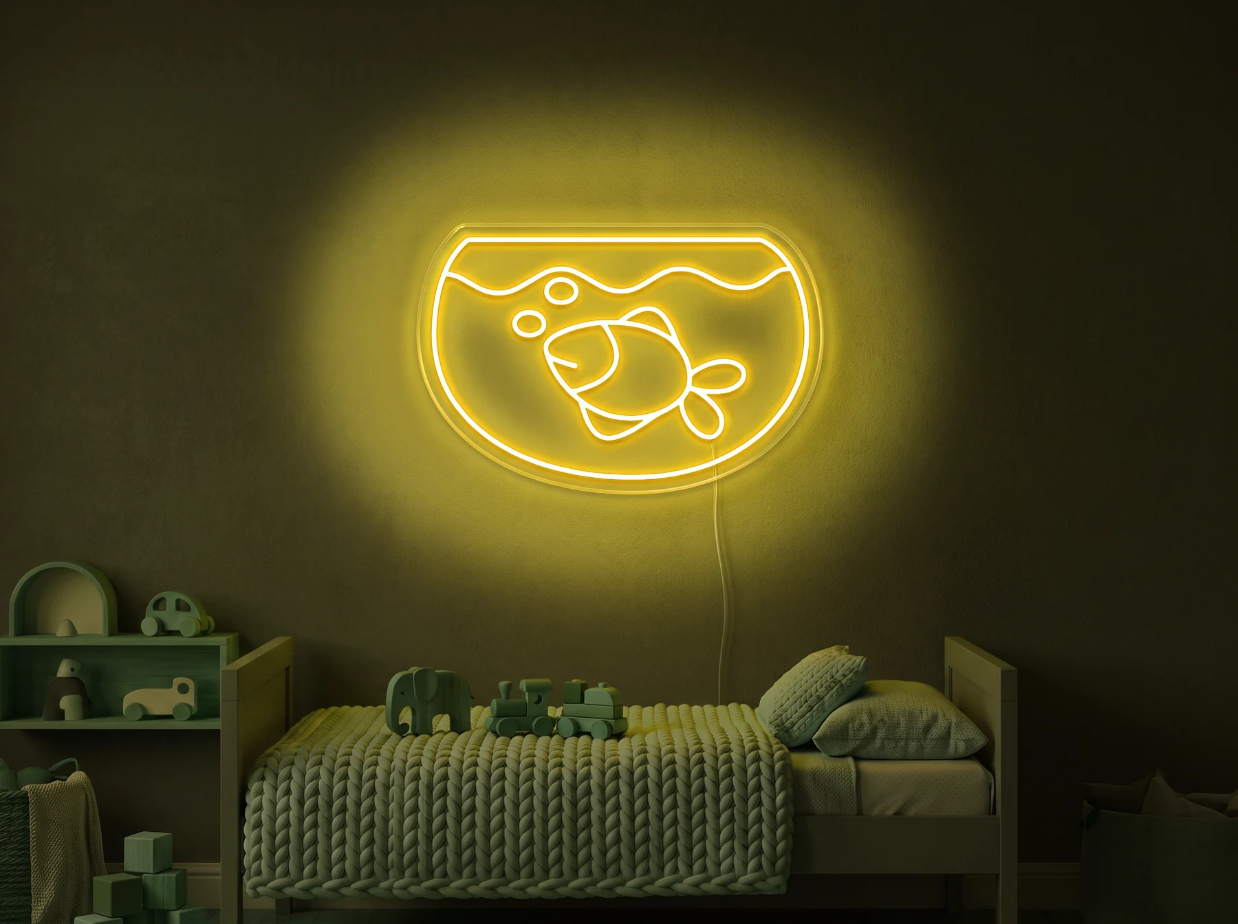 Neonskylt «Akvarium» i gul LED-neon, monterad på vägg