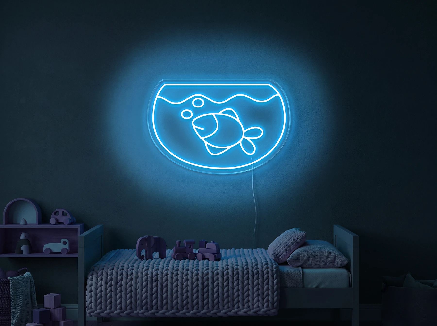 Neonskylt «Akvarium» i isblå LED-neon, monterad på vägg