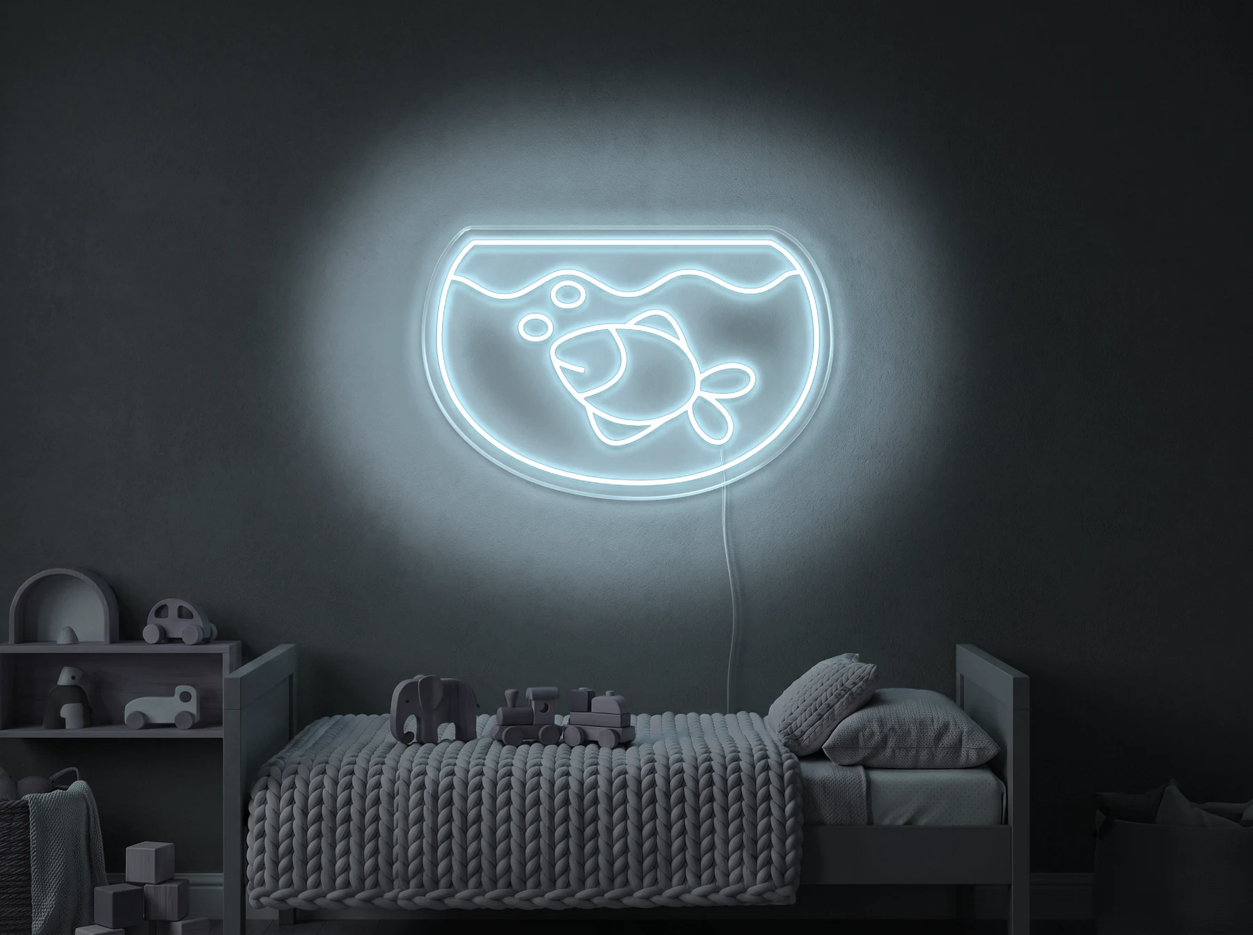 Neonskylt «Akvarium» i iskall vit LED-neon, monterad på vägg