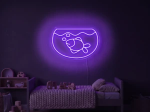 Neonskylt «Akvarium» i lila LED-neon, monterad på vägg