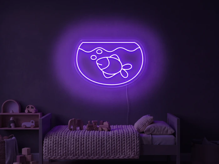 Neonskylt «Akvarium» i lila LED-neon, monterad på vägg