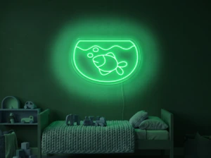 Neonskylt «Akvarium» i mintgrön LED-neon, monterad på vägg