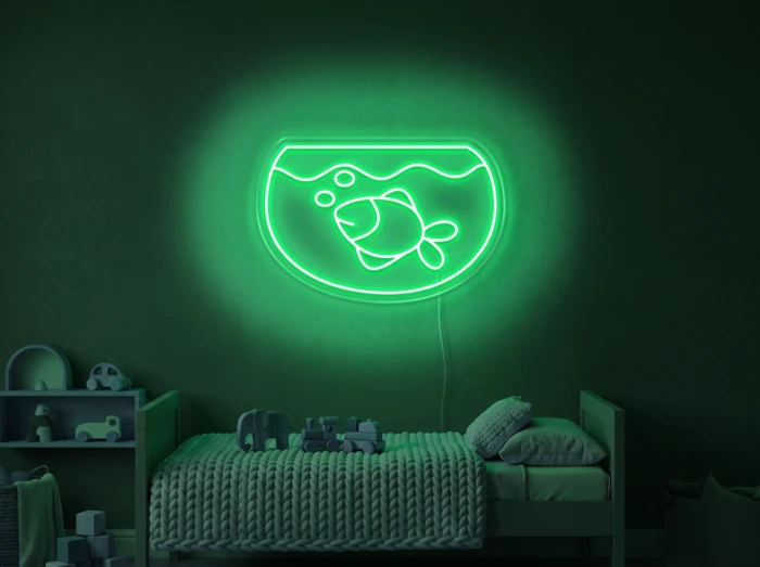Neonskylt «Akvarium» i mintgrön LED-neon, monterad på vägg