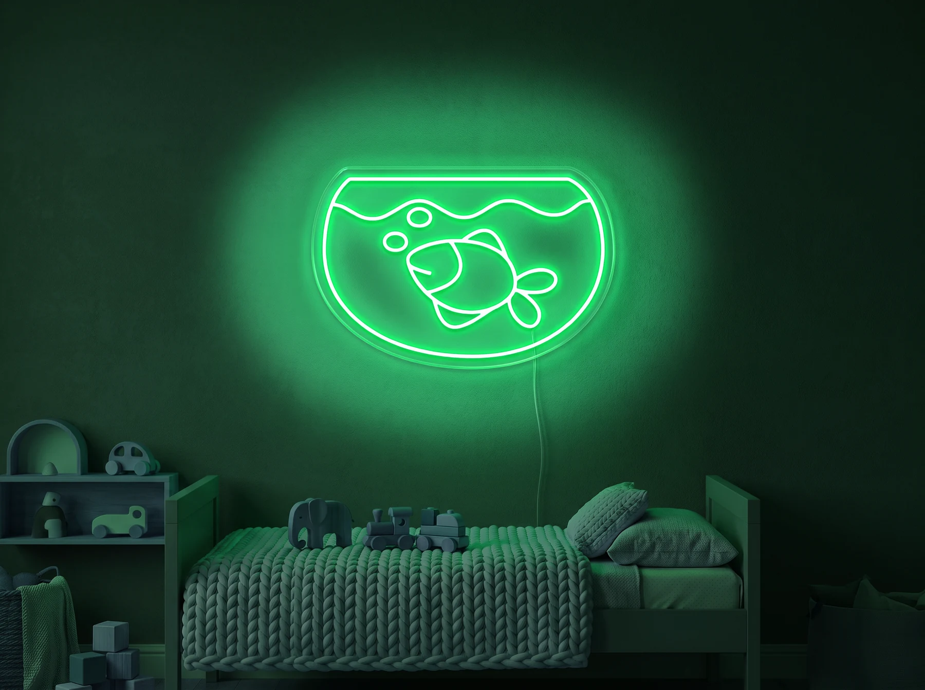 Neonskylt «Akvarium» i mintgrön LED-neon, monterad på vägg
