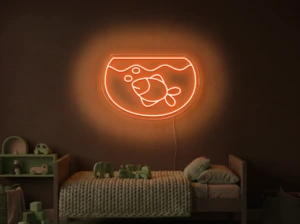Neonskylt «Akvarium» i orange LED-neon, monterad på vägg