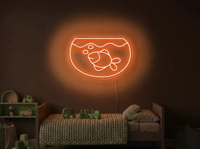 Neonskylt «Akvarium» i orange LED-neon, monterad på vägg