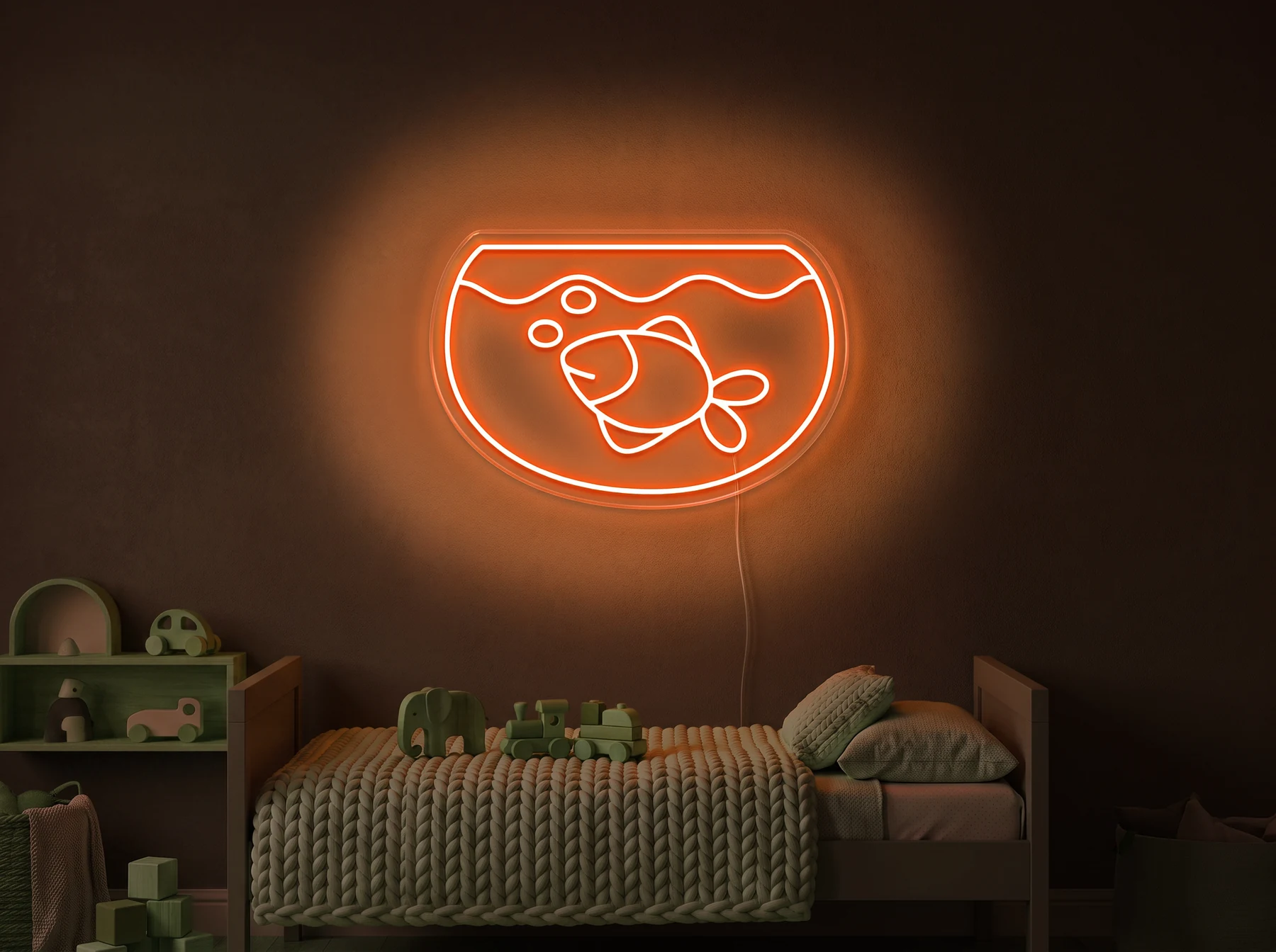 Neonskylt «Akvarium» i orange LED-neon, monterad på vägg