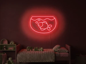 Neonskylt «Akvarium» i röd LED-neon, monterad på vägg