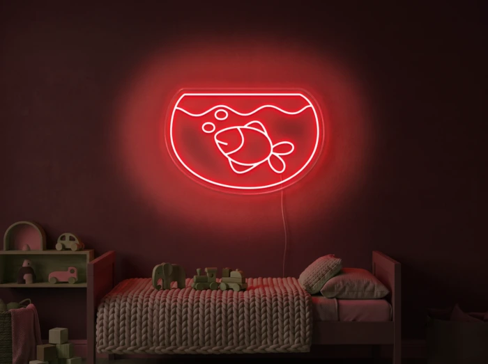 Neonskylt «Akvarium» i röd LED-neon, monterad på vägg