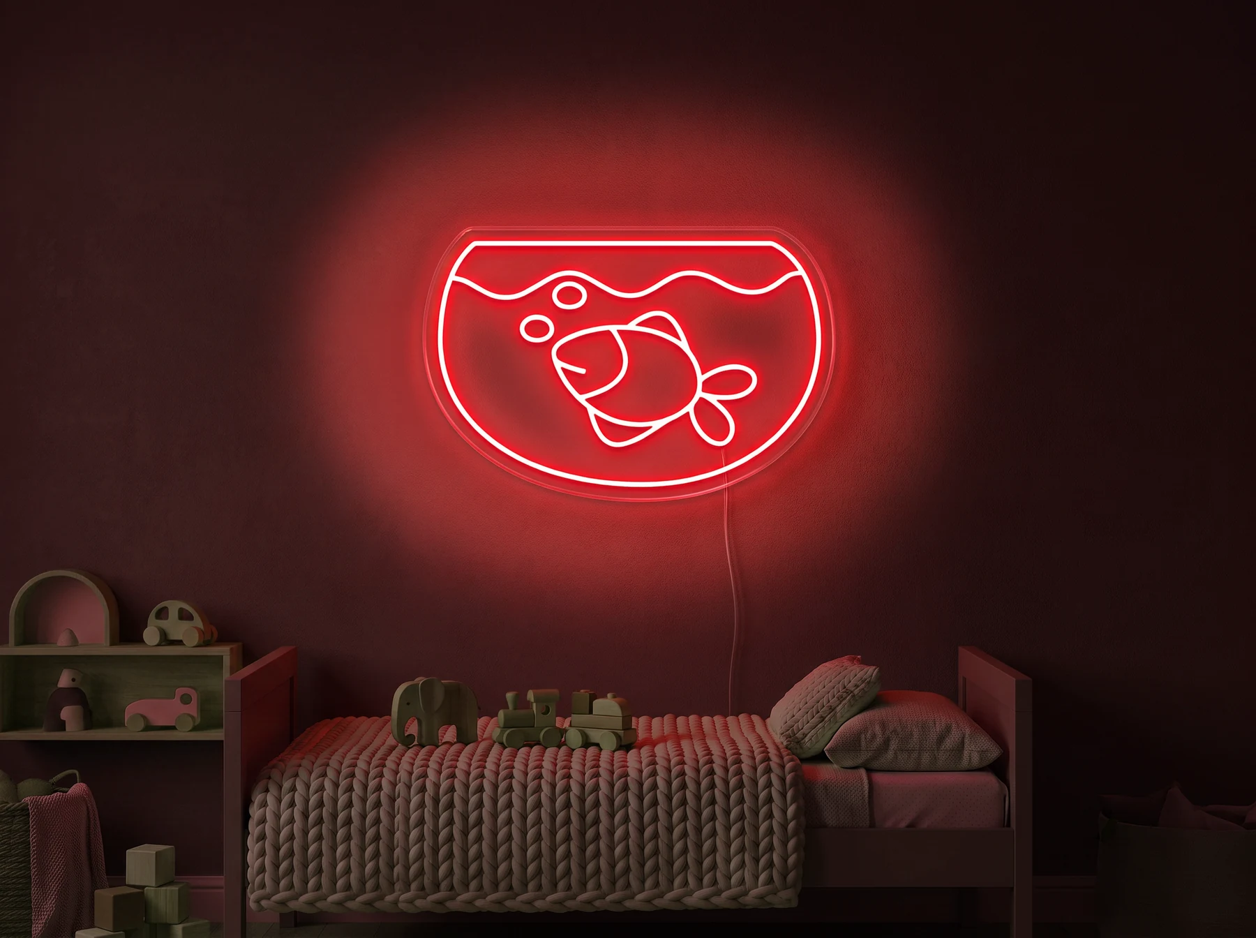 Neonskylt «Akvarium» i röd LED-neon, monterad på vägg