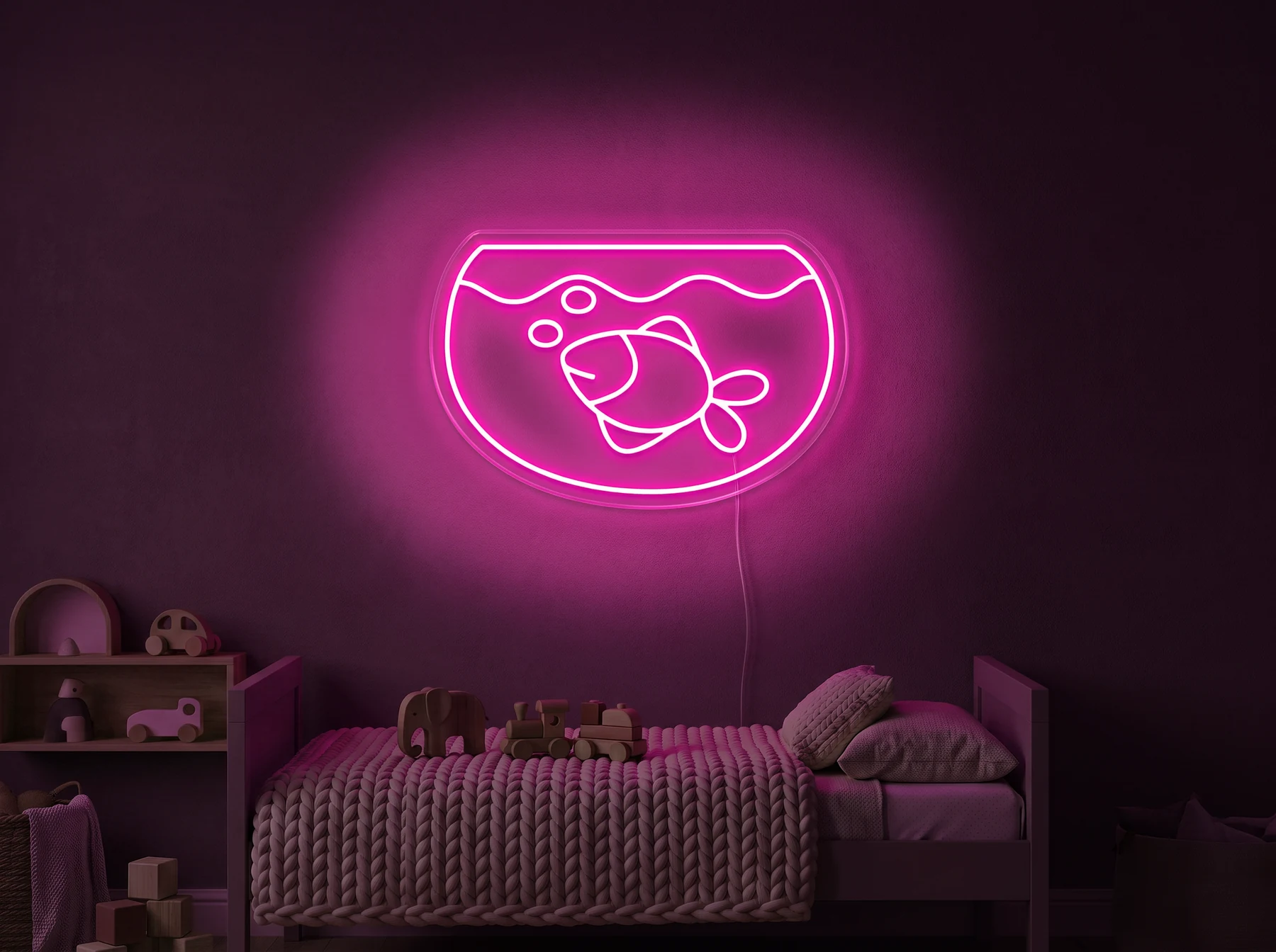 Neonskylt «Akvarium» i rosa LED-neon, monterad på vägg