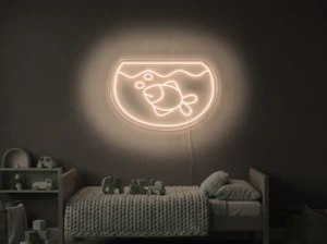 Neonskylt «Akvarium» i varmvit LED-neon, monterad på vägg