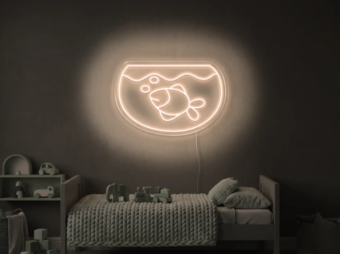 Neonskylt «Akvarium» i varmvit LED-neon, monterad på vägg