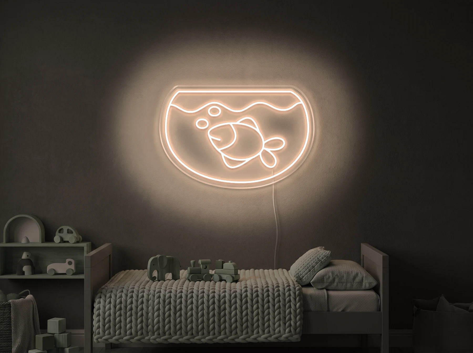 Neonskylt «Akvarium» i varmvit LED-neon, monterad på vägg