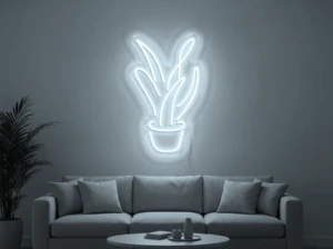 Neonskylt «Aloe vera» i iskall vit LED-neon, monterad på vägg