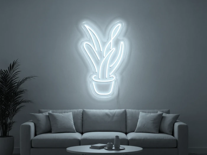 Neonskylt «Aloe vera» i iskall vit LED-neon, monterad på vägg