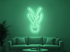 Neonskylt «Aloe vera» i mintgrön LED-neon, monterad på vägg