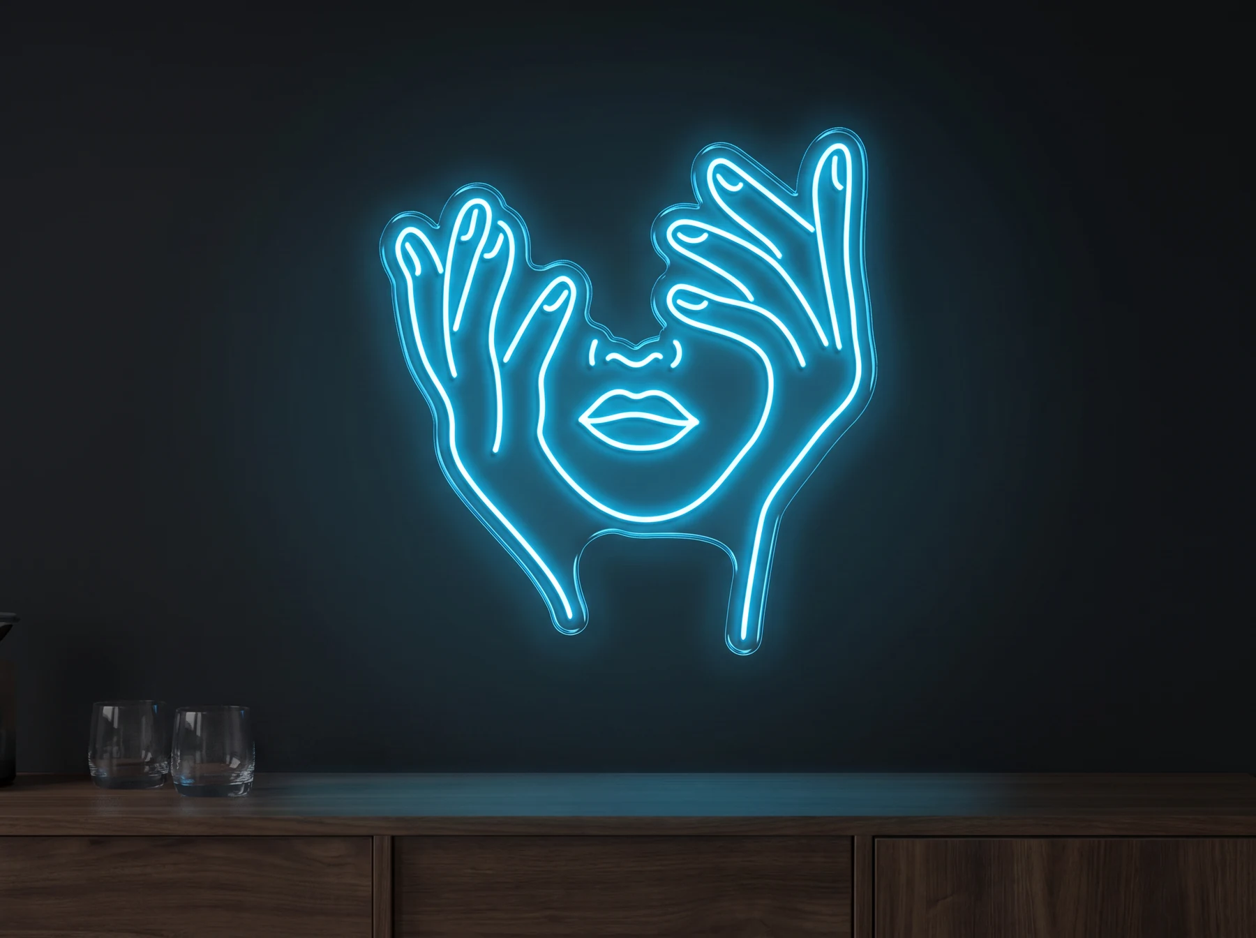 Neonskylt «Ansikte med händer» — ett ansikte omslutet av två händer, i LED-neon på vägg