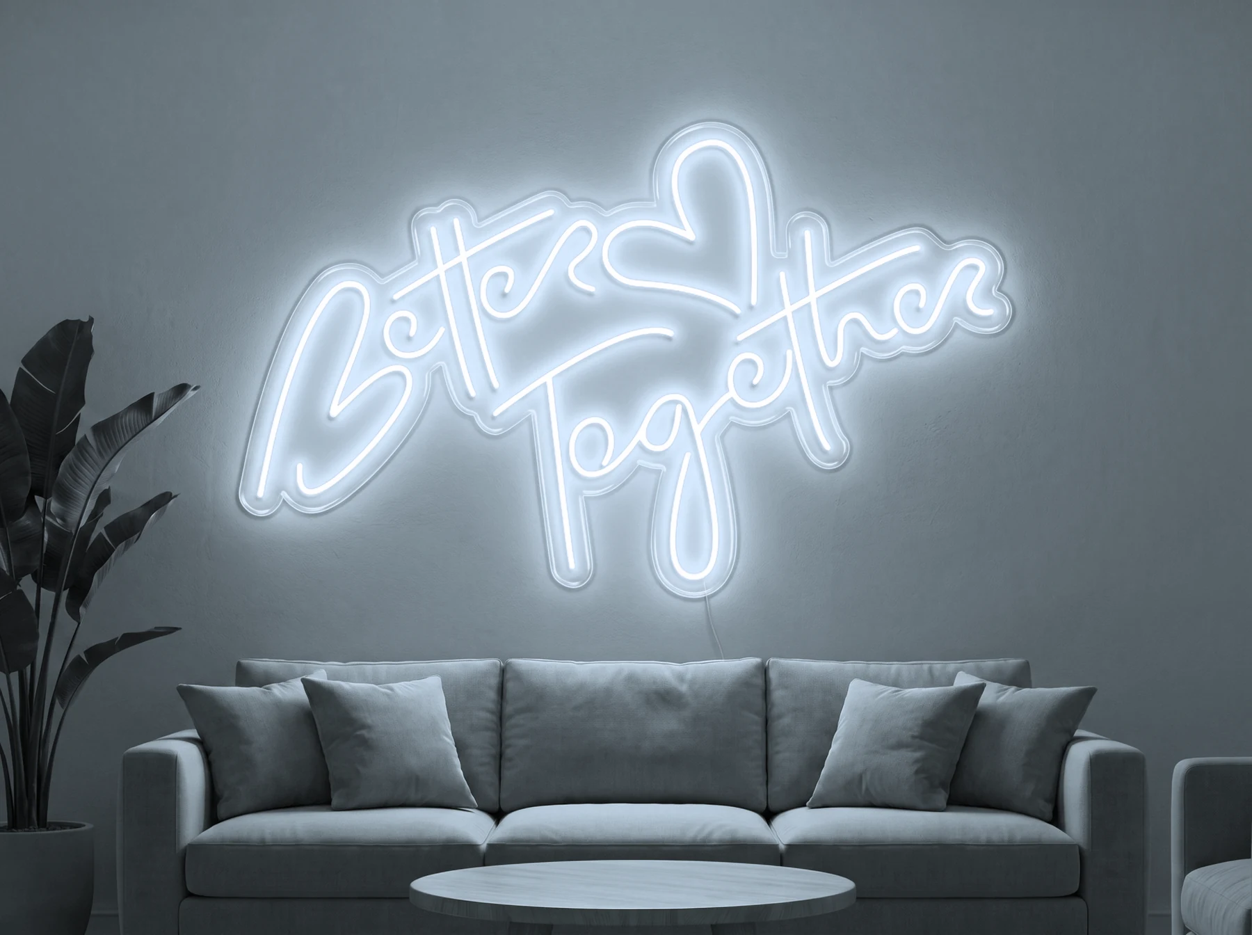 Neonskylt «Better Together» i iskall vit LED-neon, monterad på vägg