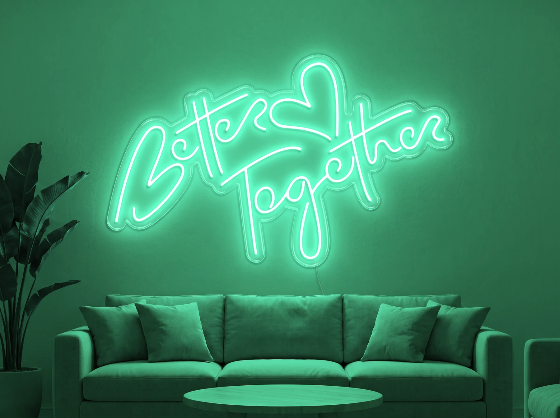 Neonskylt «Better Together» i mintgrön LED-neon, monterad på vägg