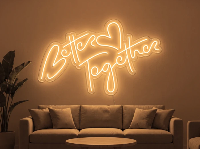 Neonskylt «Better Together» i orange LED-neon, monterad på vägg