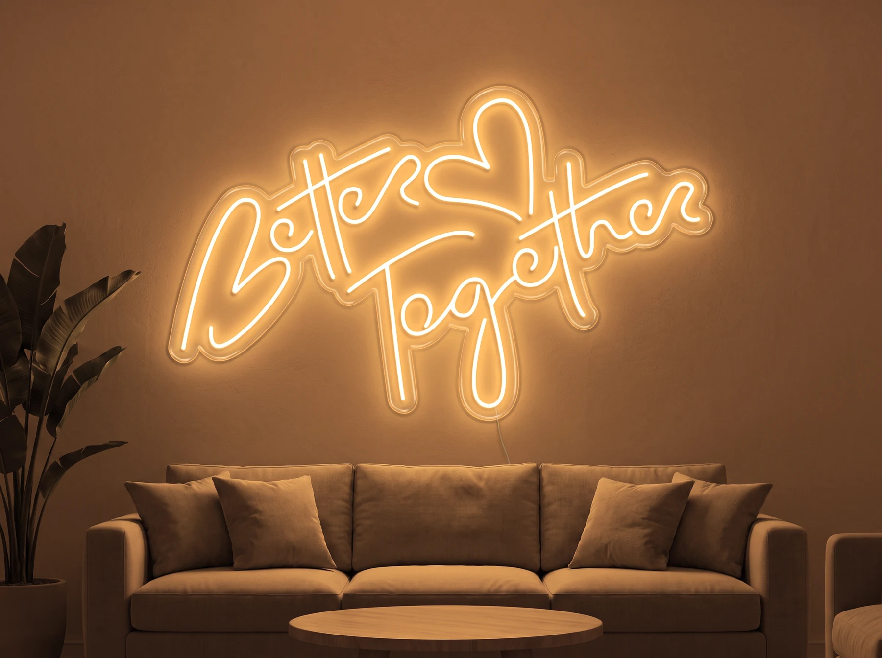 Neonskylt «Better Together» i orange LED-neon, monterad på vägg
