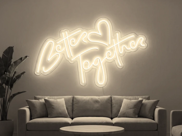 Neonskylt «Better Together» i varmvit LED-neon, monterad på vägg