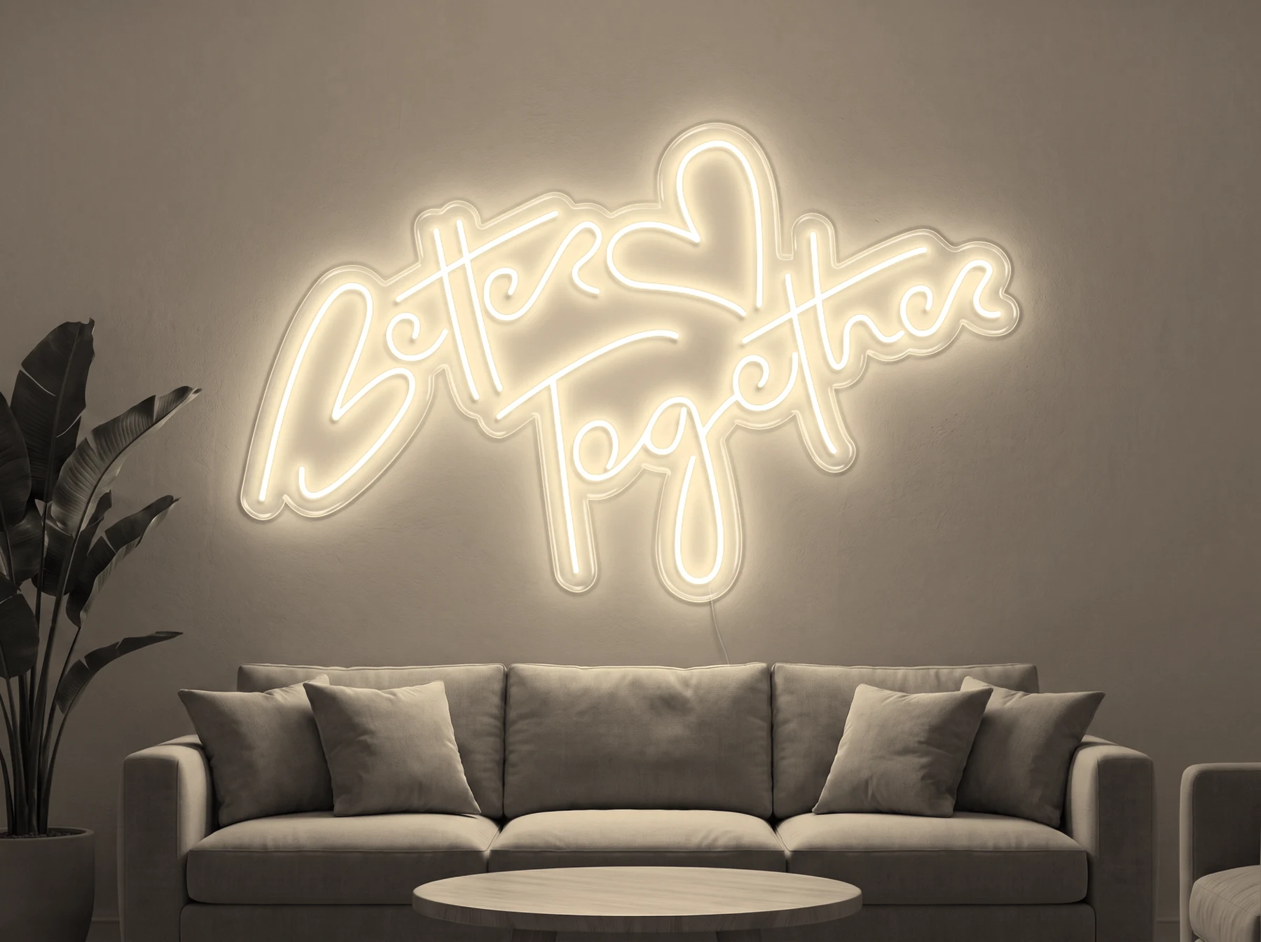 Neonskylt «Better Together» i varmvit LED-neon, monterad på vägg