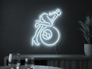 Neonskylt «Biljard» i iskall vit LED-neon, monterad på vägg