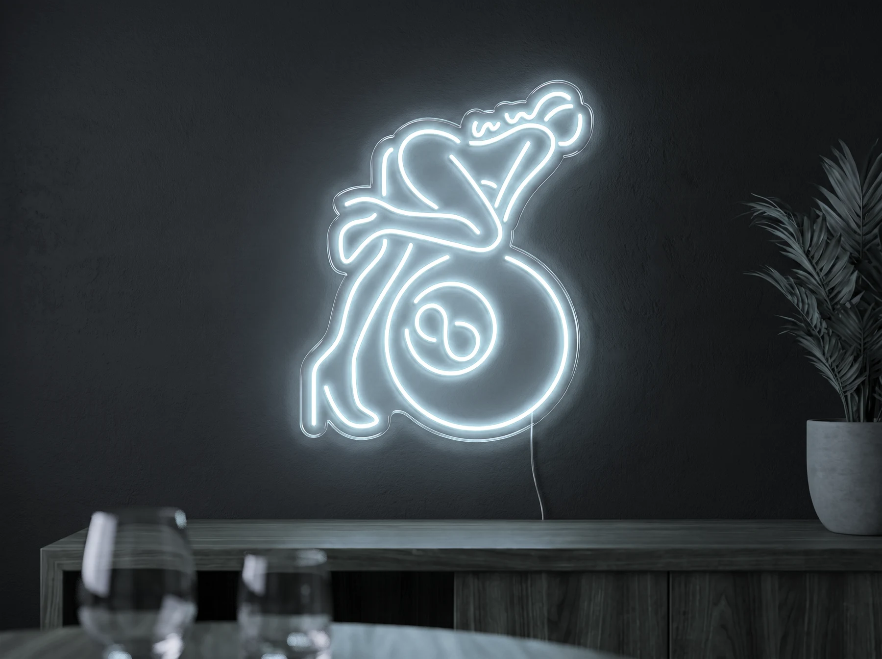 Neonskylt «Biljard» i iskall vit LED-neon, monterad på vägg